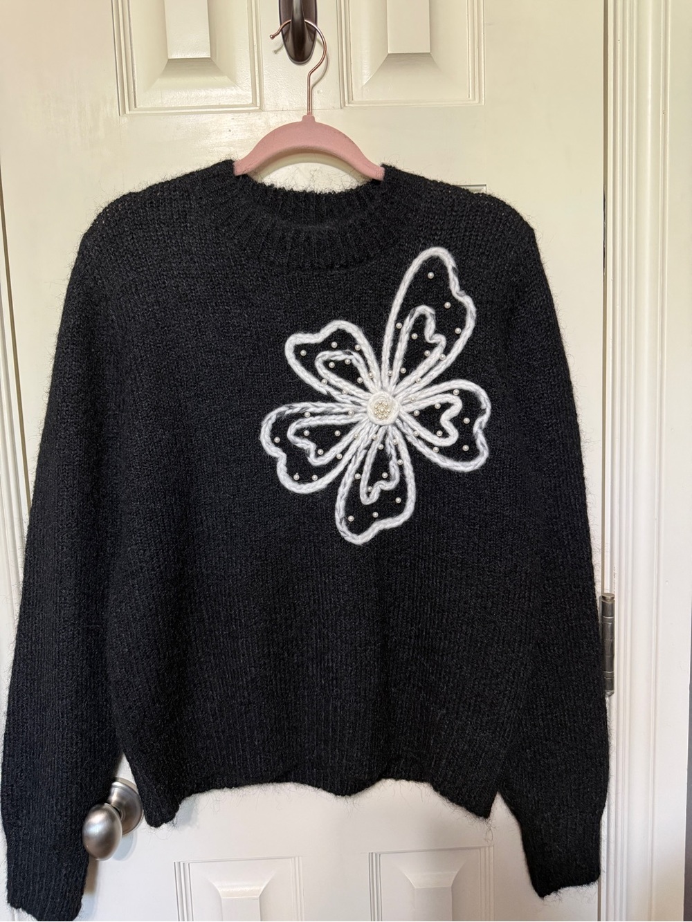 Black Crewneck Sweater with White Floral Applique